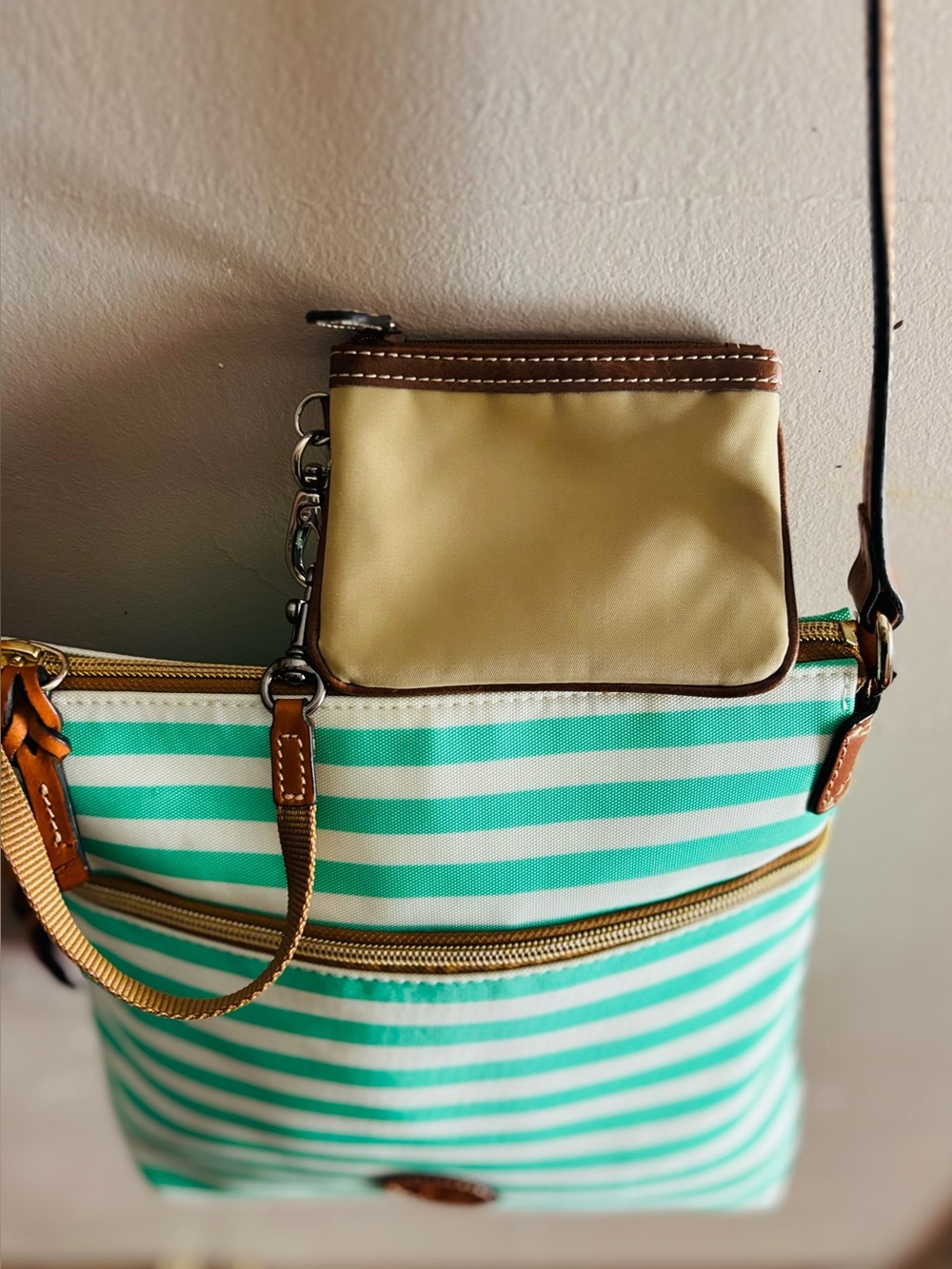 Dooney & Bourke Mint Green and White Striped Crossbody with Tan Leather Trim - Picture 2 of 11